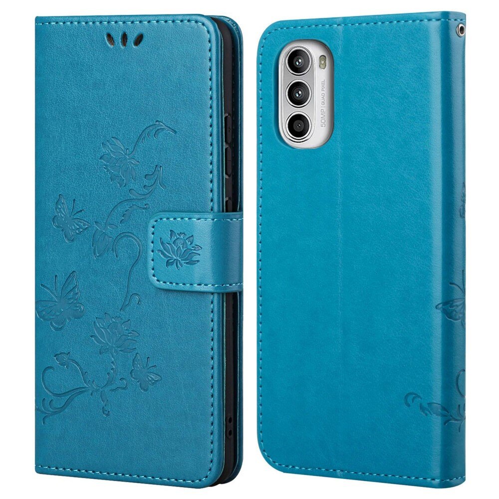 Étui en cuir à papillons pour Motorola E32, bleu