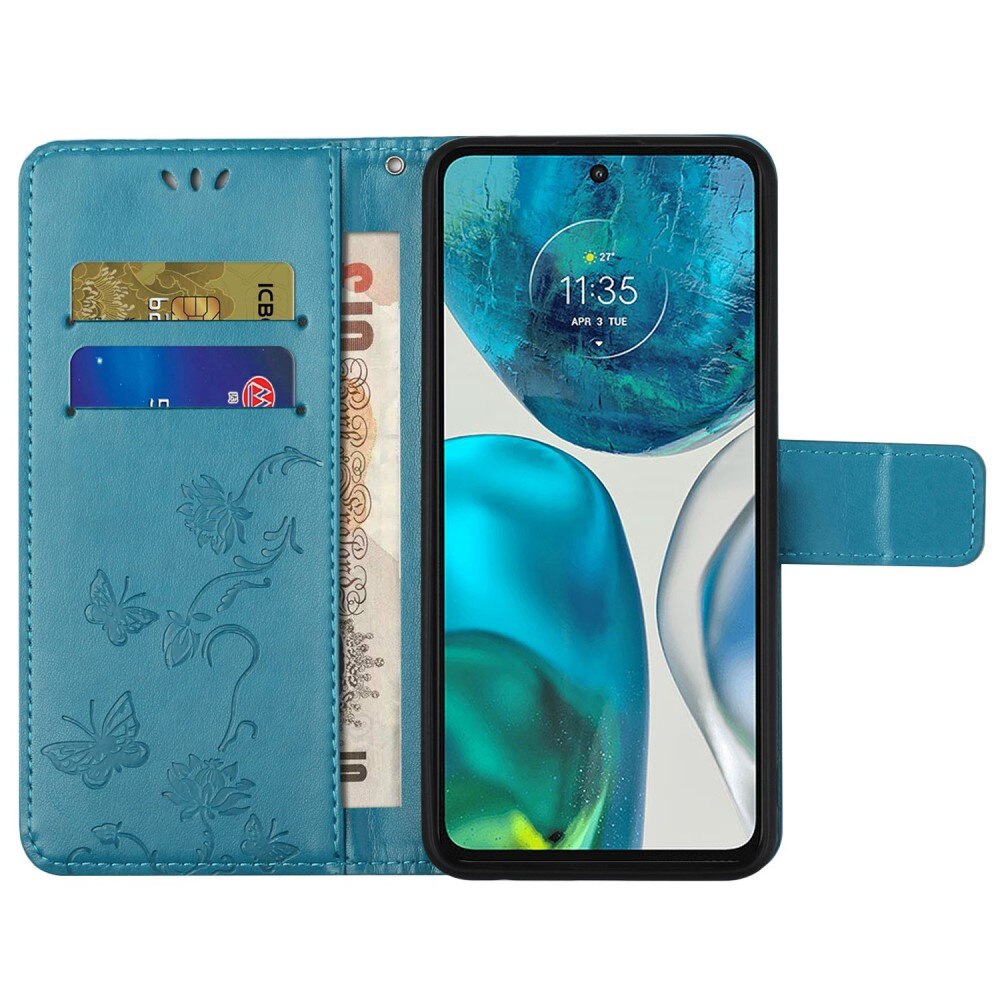 Étui en cuir à papillons pour Motorola Moto E32, Bleu