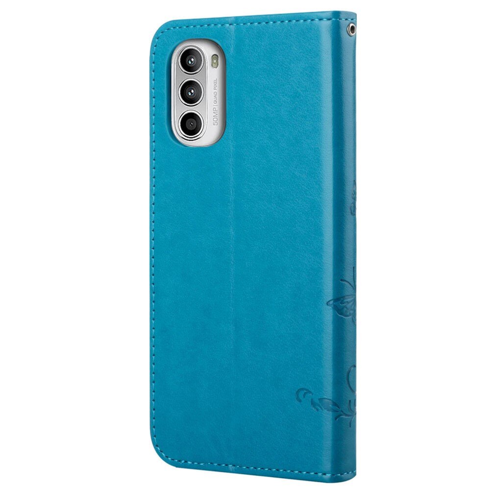 Étui en cuir à papillons pour Motorola E32, bleu