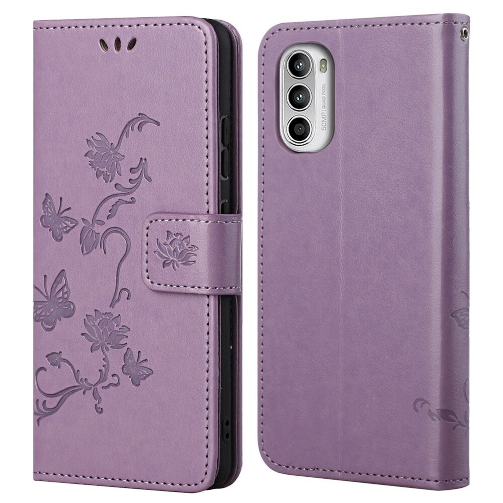 Étui en cuir à papillons pour Motorola Moto E32, Violet