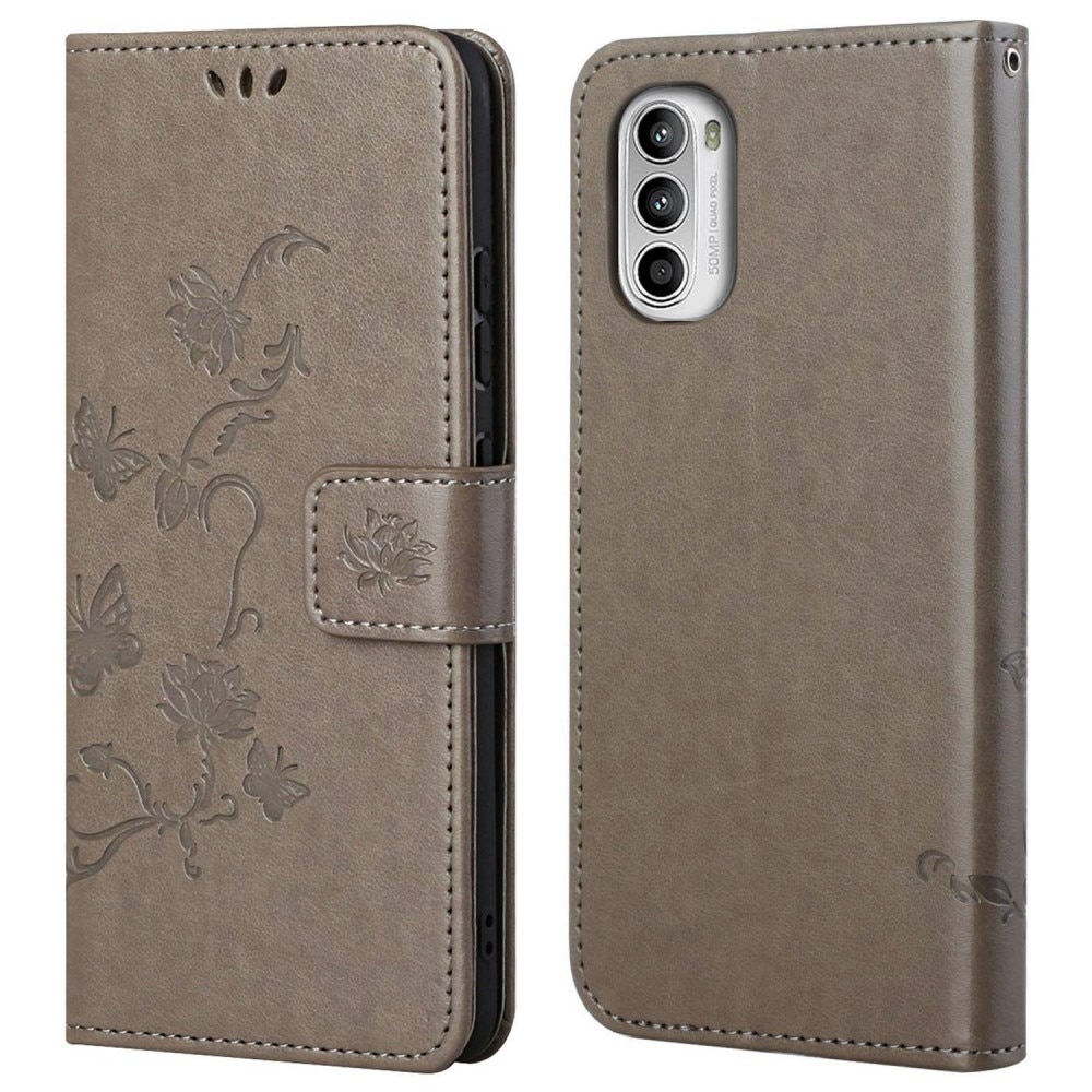 Étui en cuir à papillons pour Motorola Moto E32, Gris