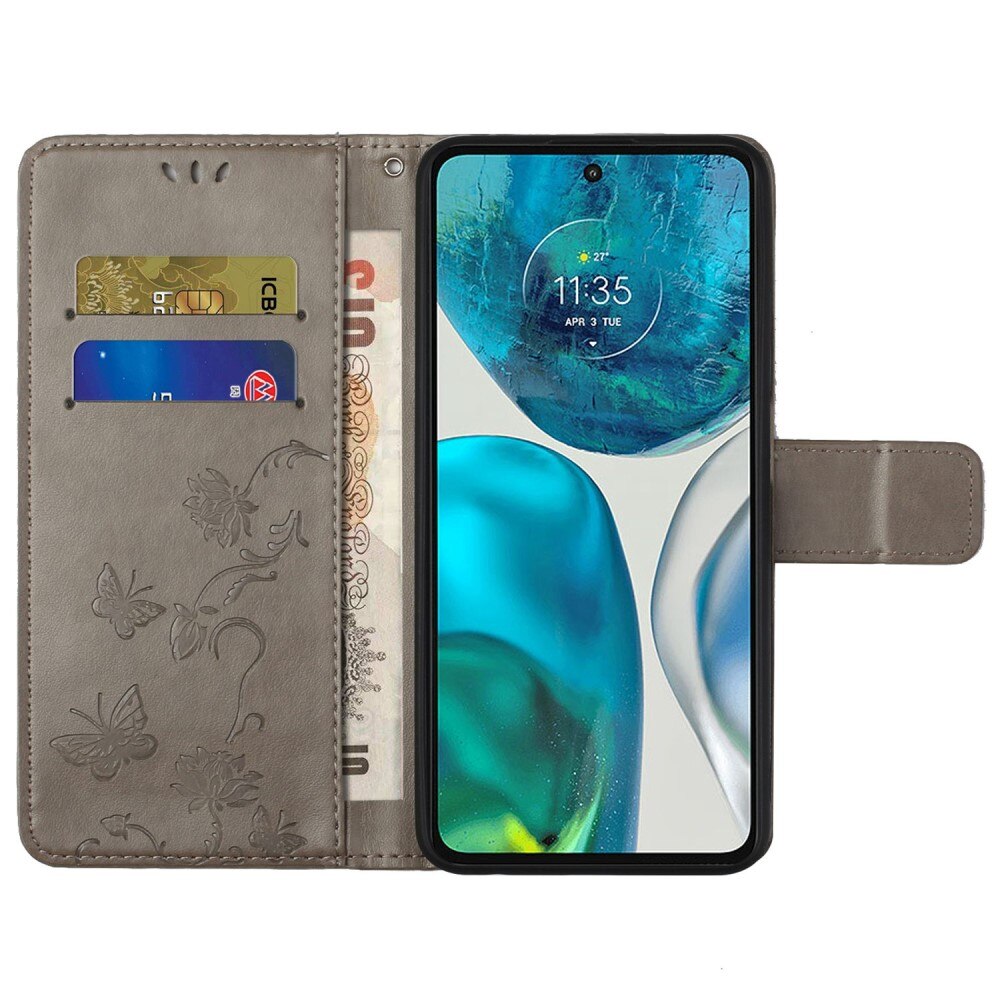 Étui en cuir à papillons pour Motorola Moto E32, Gris