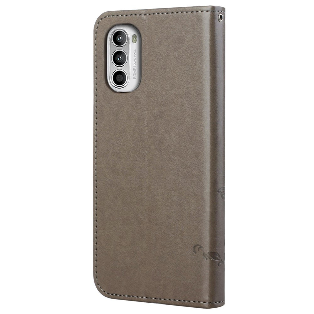 Étui en cuir à papillons pour Motorola Moto E32, Gris