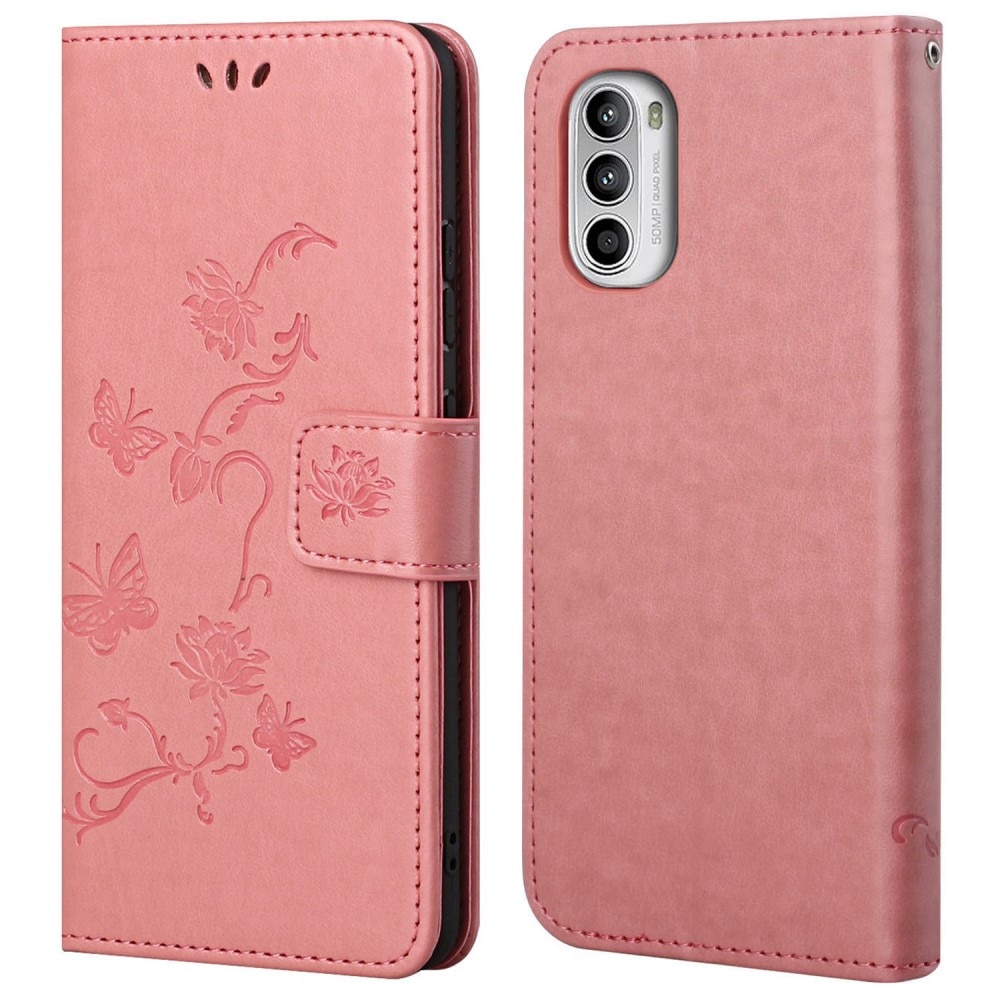 Étui en cuir à papillons pour Motorola Moto E32, Rose
