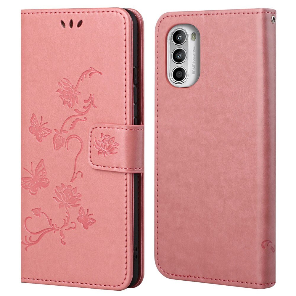 Étui en cuir à papillons pour Motorola Moto G52, Rose