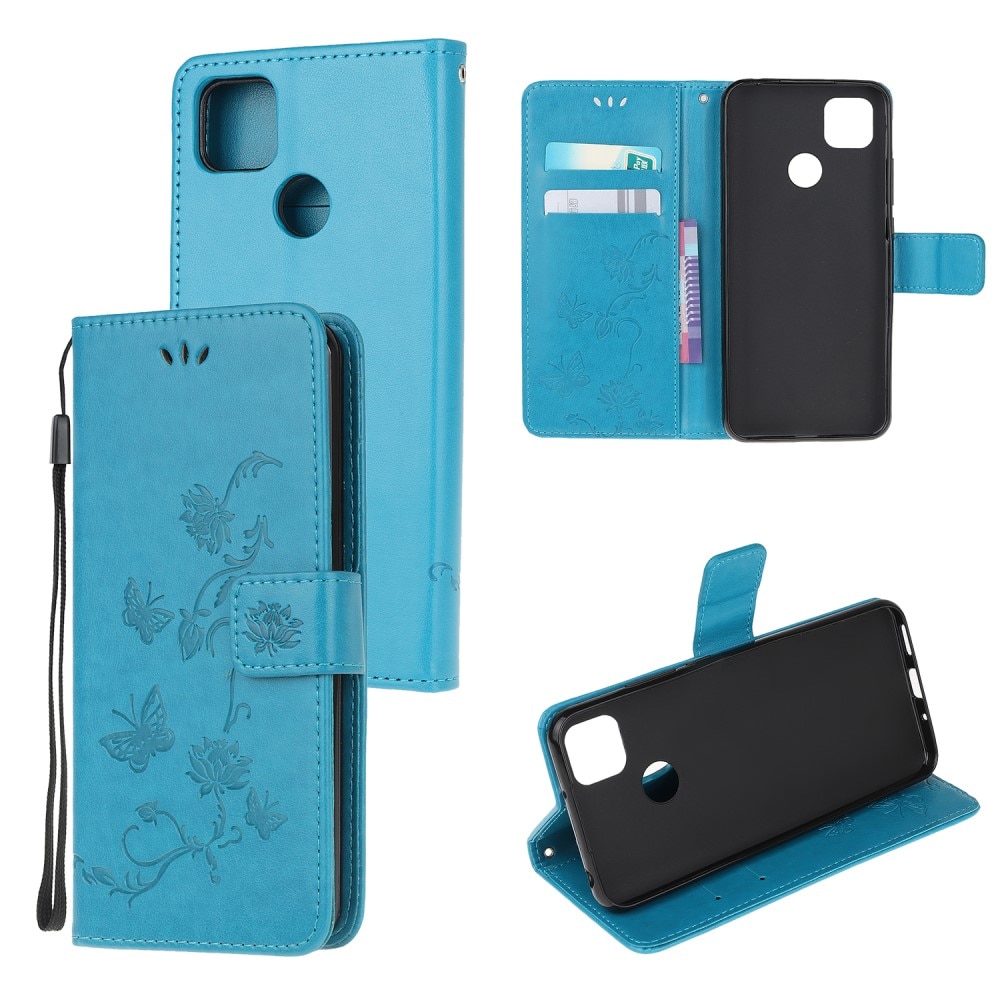 Étui en cuir à papillons pour Xiaomi Redmi 9C, Bleu