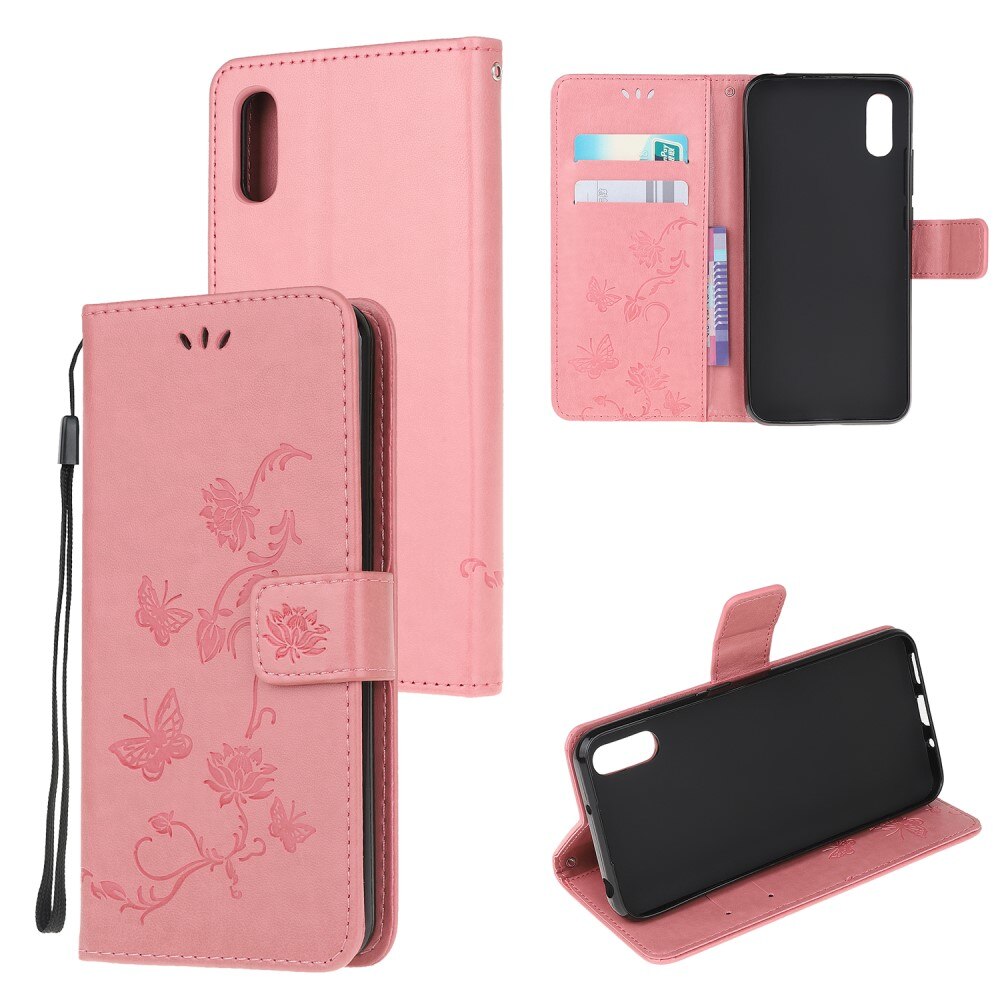 Étui en cuir à papillons pour Xiaomi Redmi 9AT, Rose