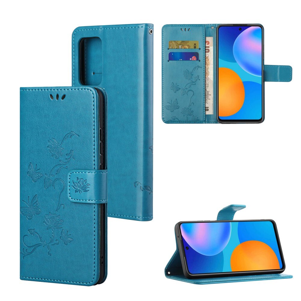 Étui en cuir à papillons pour Xiaomi Redmi 10, Bleu