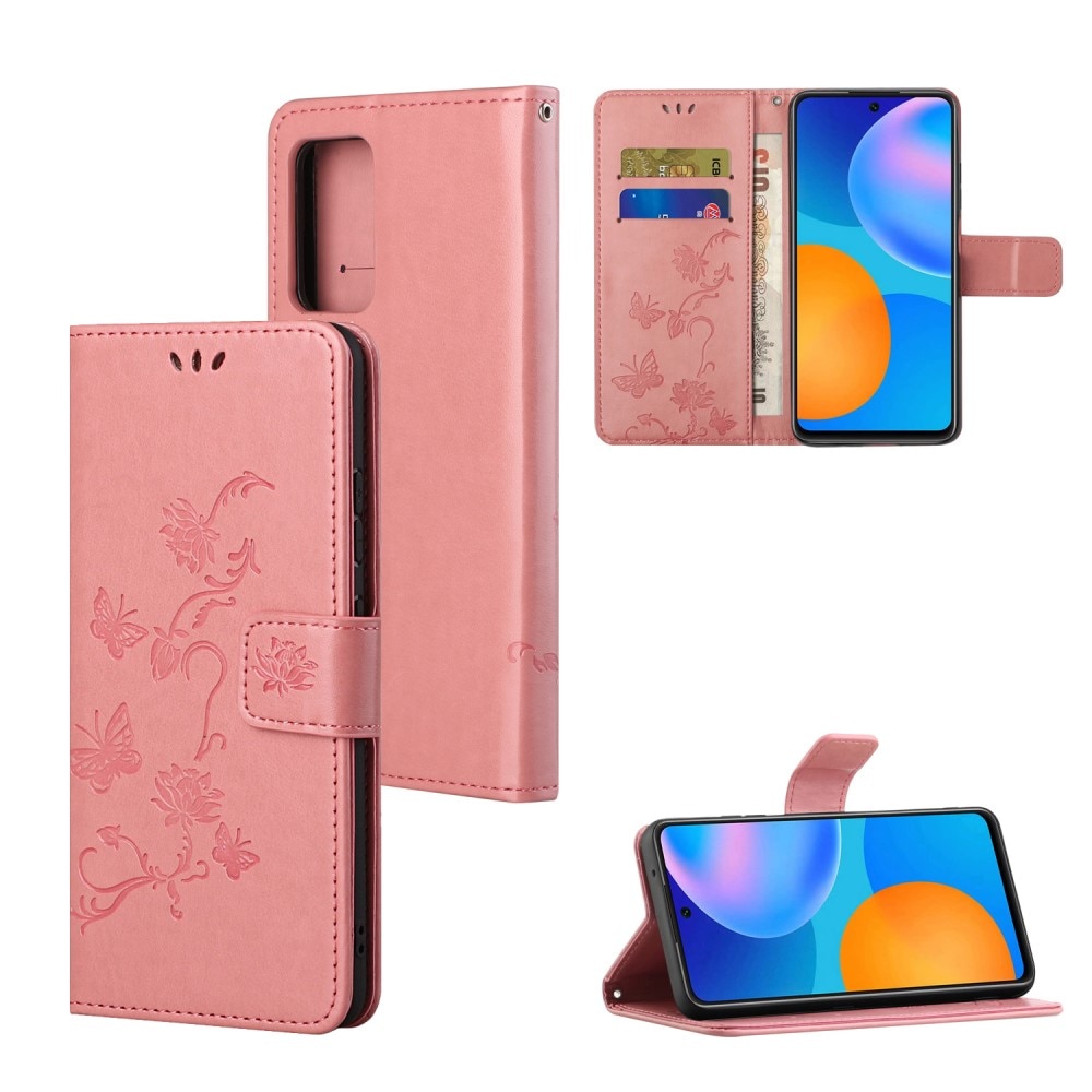 Étui en cuir à papillons pour Xiaomi Redmi 10, rose