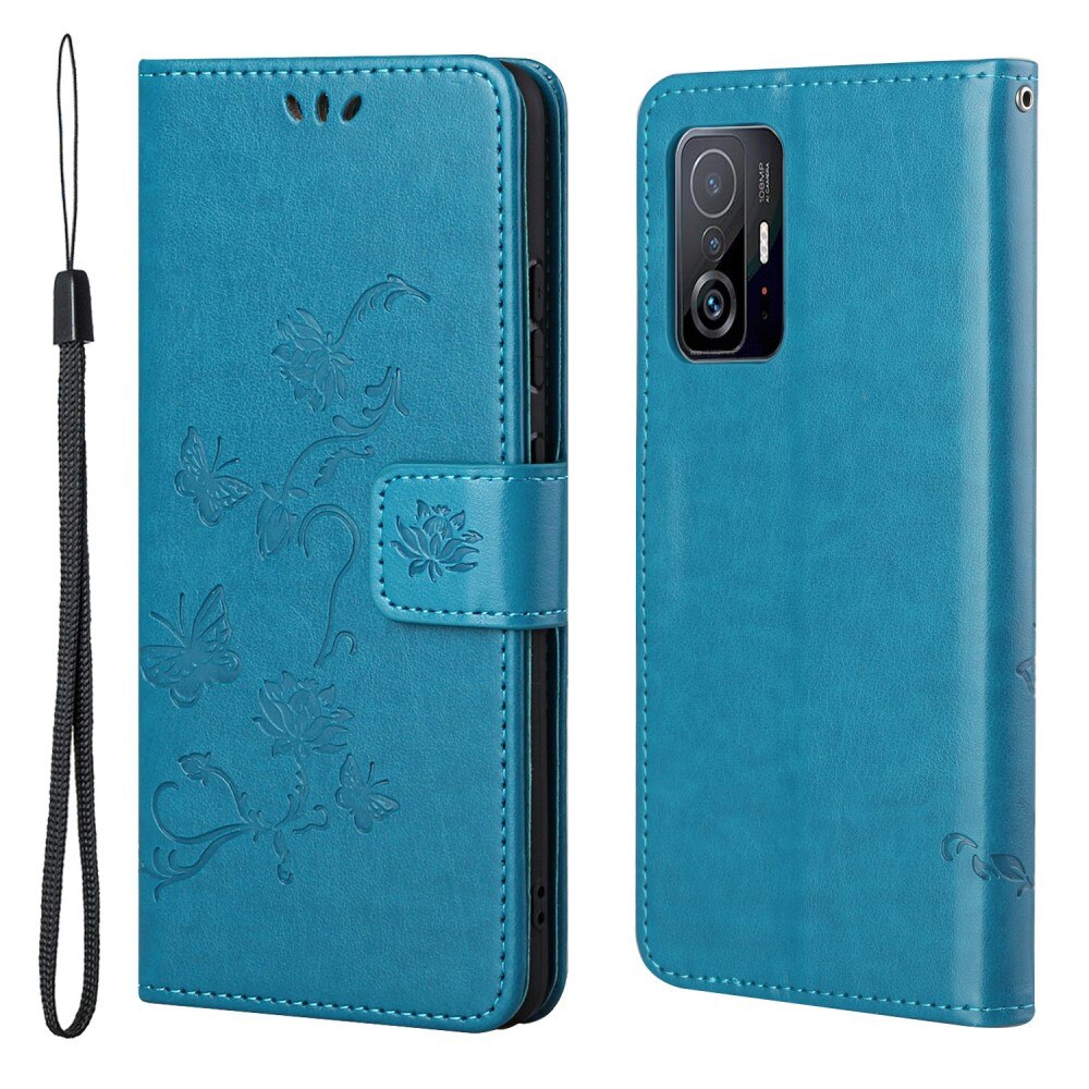 Étui en cuir à papillons pour Xiaomi 11T/11T Pro, Bleu