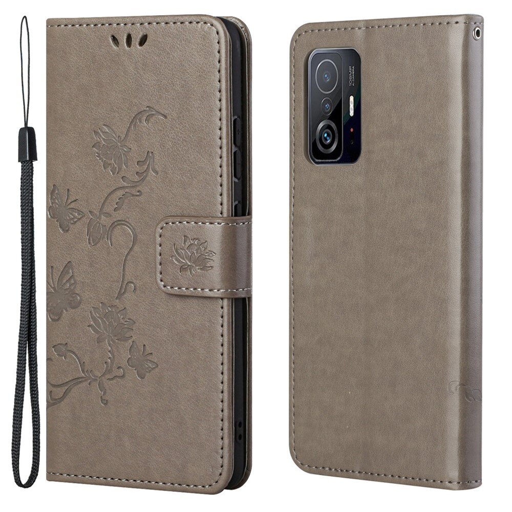 Étui en cuir à papillons pour Xiaomi 11T/11T Pro, Gris