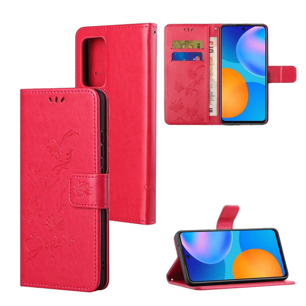 Étui en cuir à papillons pour Xiaomi Redmi Note 11, rouge