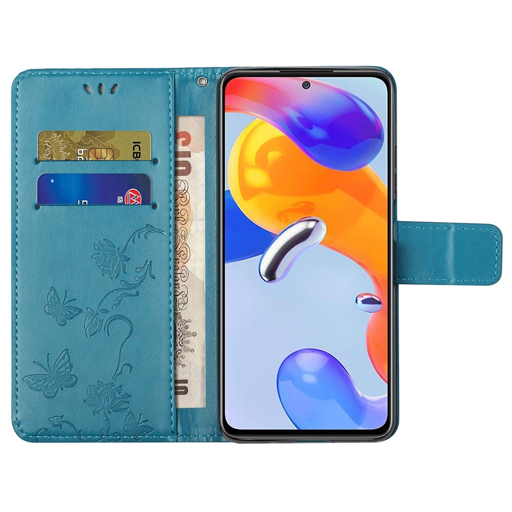 Étui en cuir à papillons pour Xiaomi Redmi Note 11 Pro, bleu