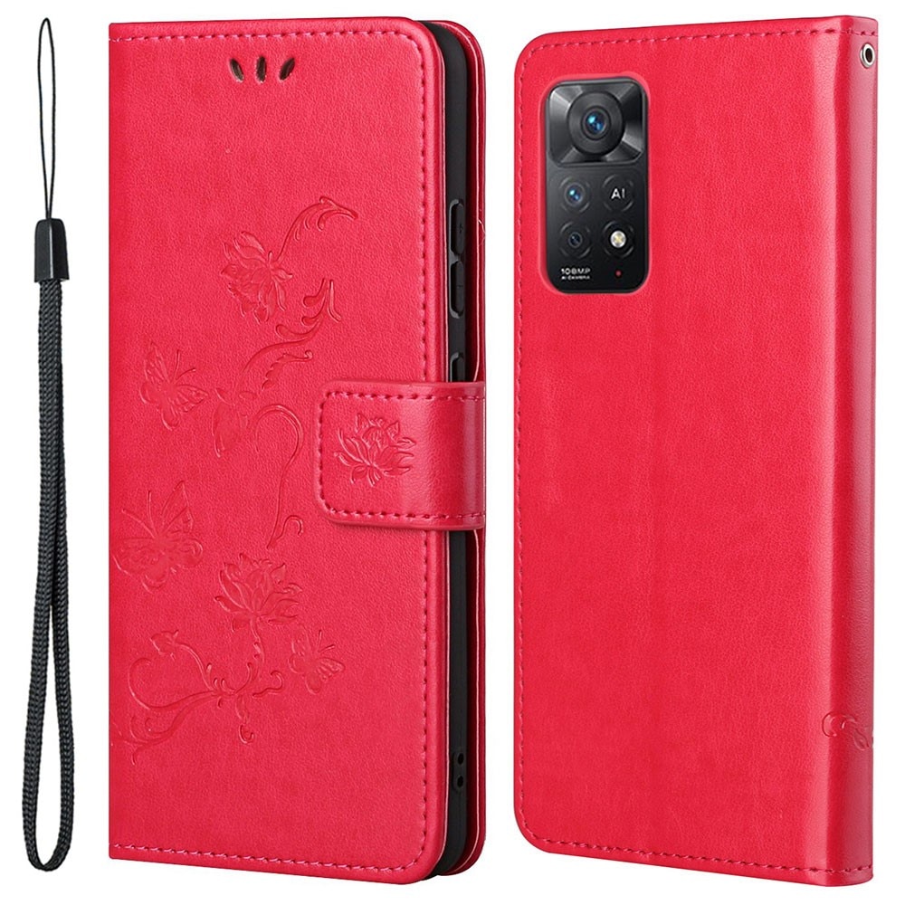 Étui en cuir à papillons pour Xiaomi Redmi Note 11 Pro, rouge