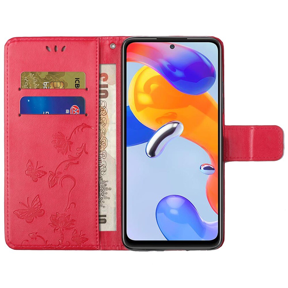 Étui en cuir à papillons pour Xiaomi Redmi Note 11 Pro, Rouge