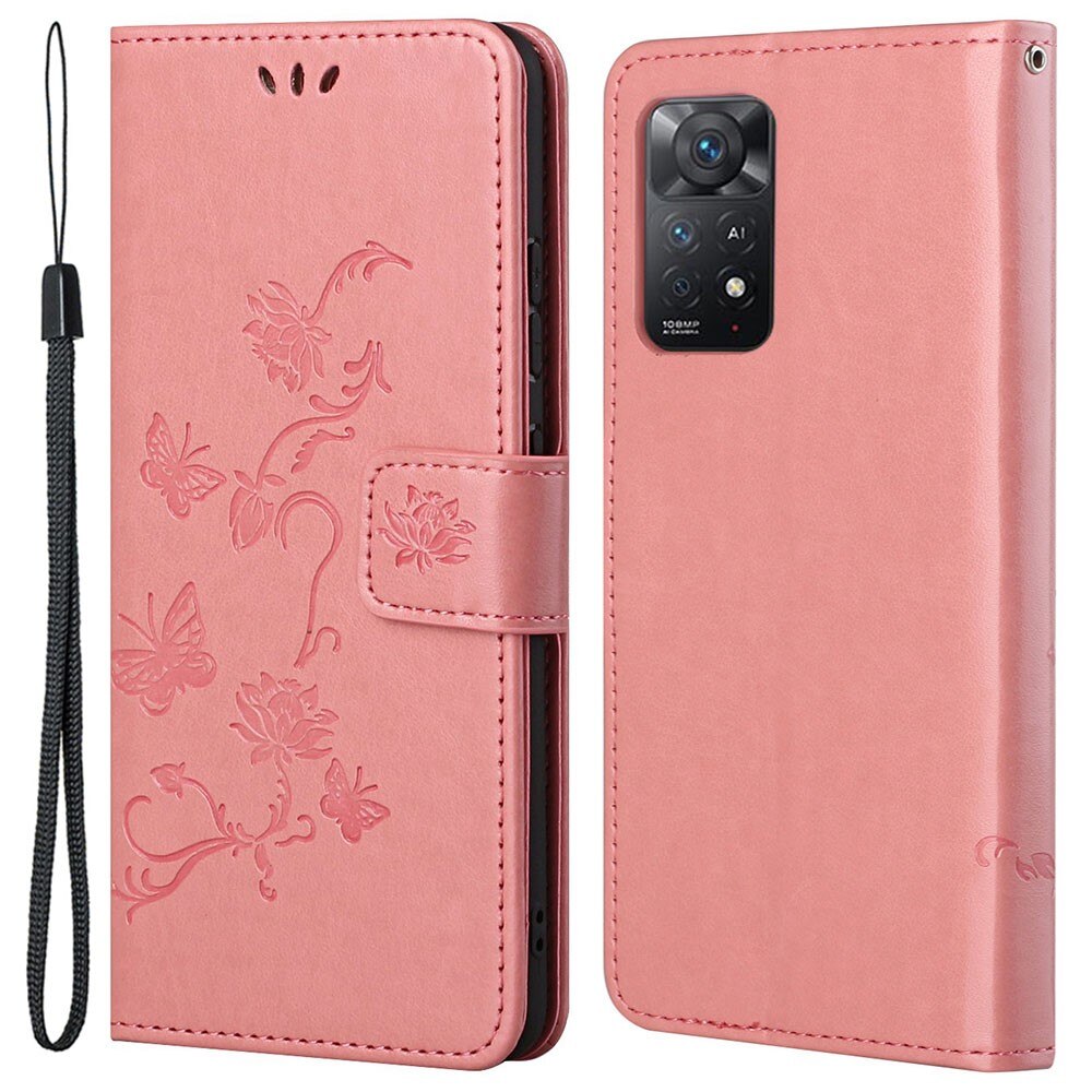 Étui en cuir à papillons pour Xiaomi Redmi Note 11 Pro, rose