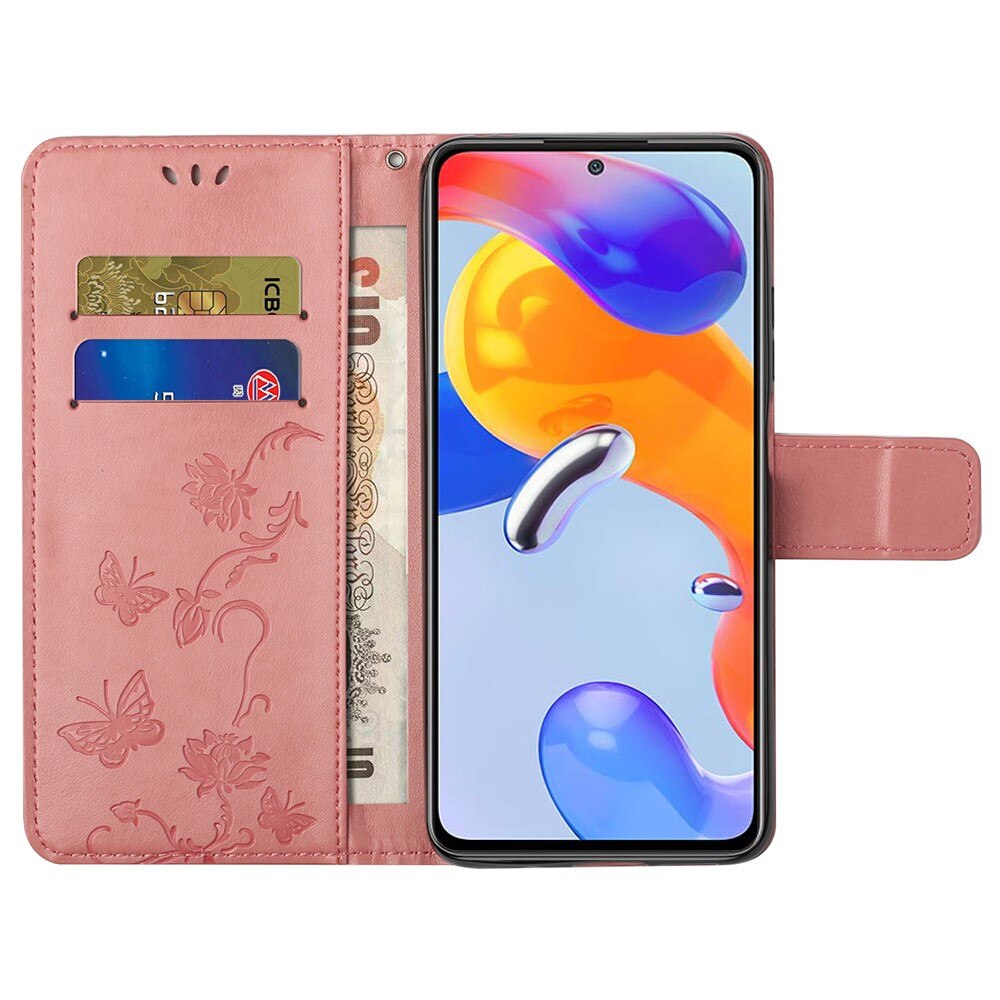 Étui en cuir à papillons pour Xiaomi Redmi Note 11 Pro, rose