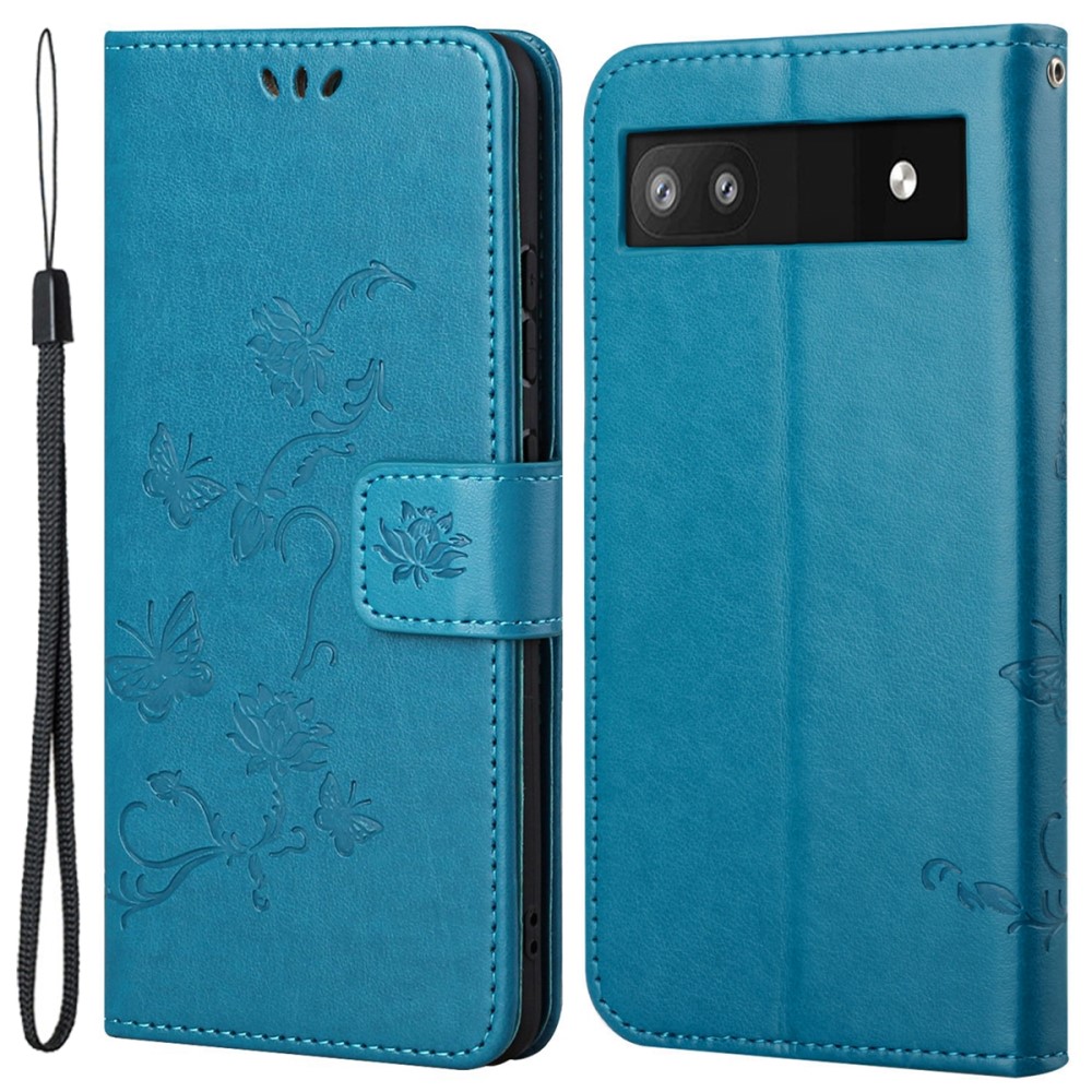 Étui en cuir à papillons pour Google Pixel 6a, Bleu