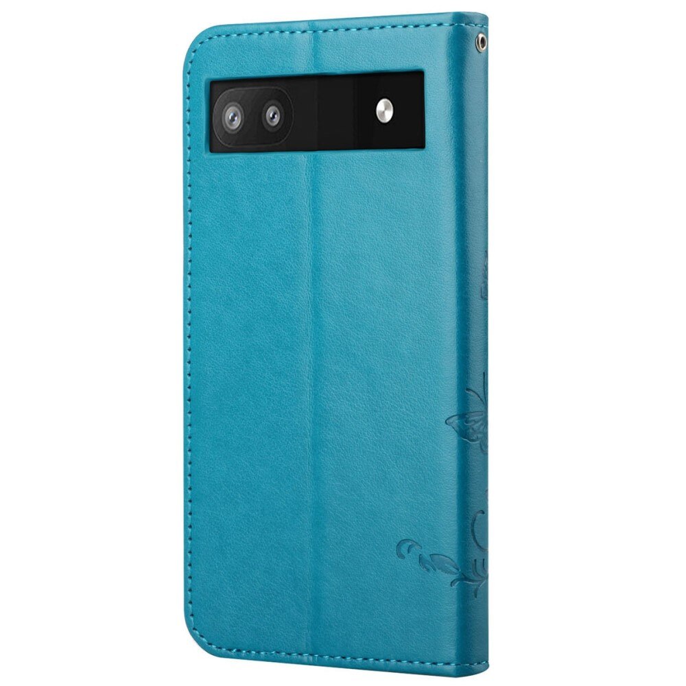 Étui en cuir à papillons pour Google Pixel 6a, Bleu