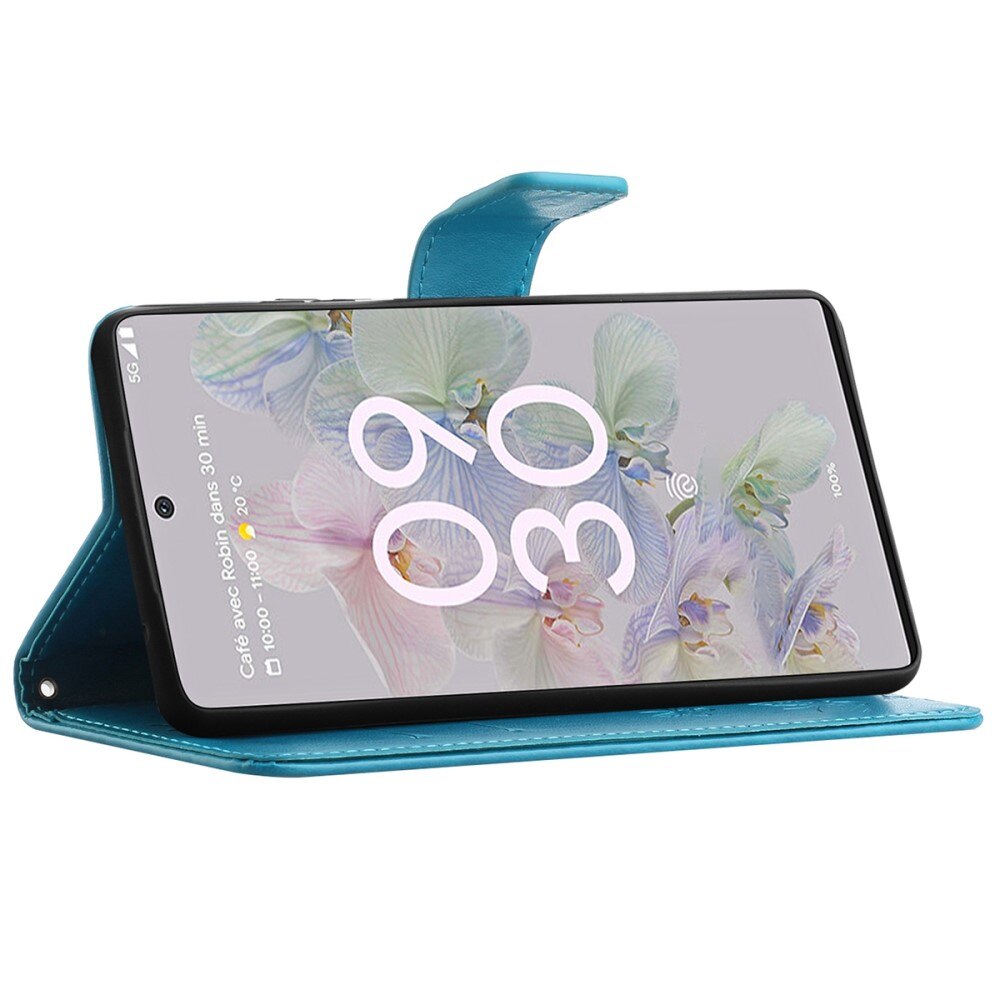 Étui en cuir à papillons pour Google Pixel 6a, Bleu