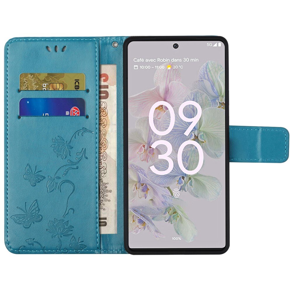 Étui en cuir à papillons pour Google Pixel 6a, Bleu