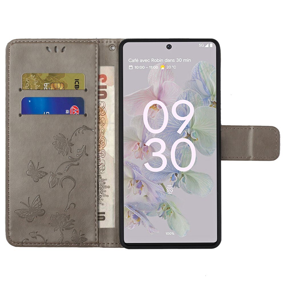 Étui en cuir à papillons pour Google Pixel 6a, gris