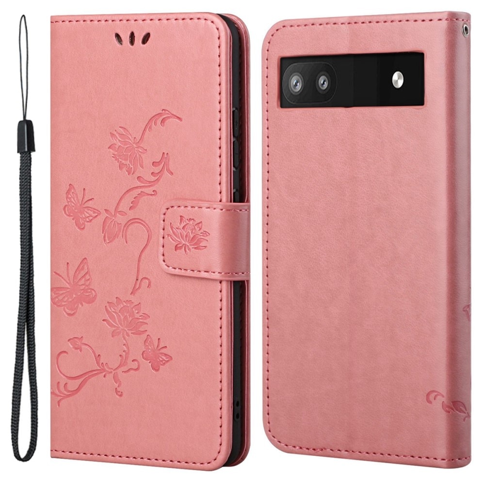 Étui en cuir à papillons pour Google Pixel 6a, Rose