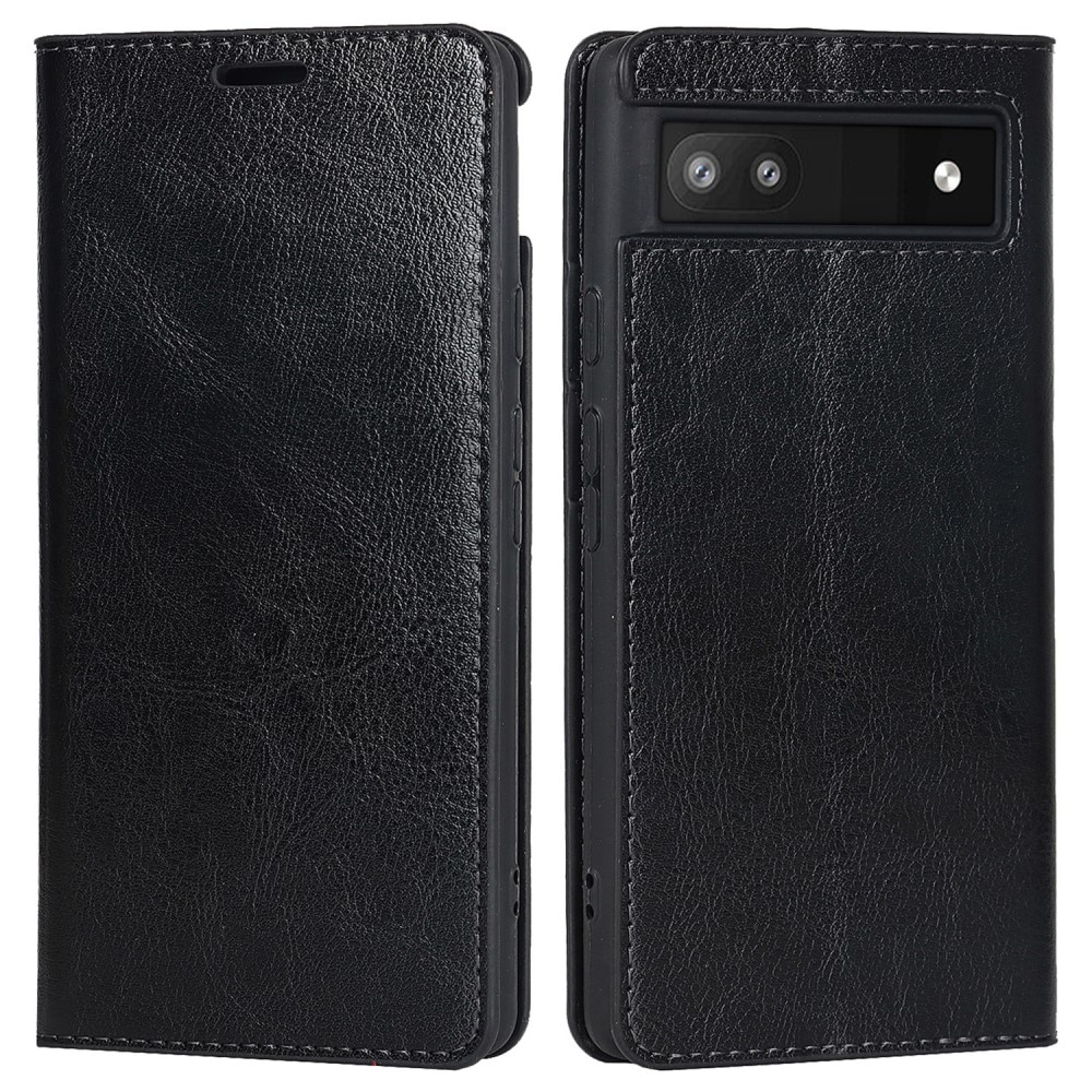 Coque portefeuille en cuir Veritable Google Pixel 6a, noir