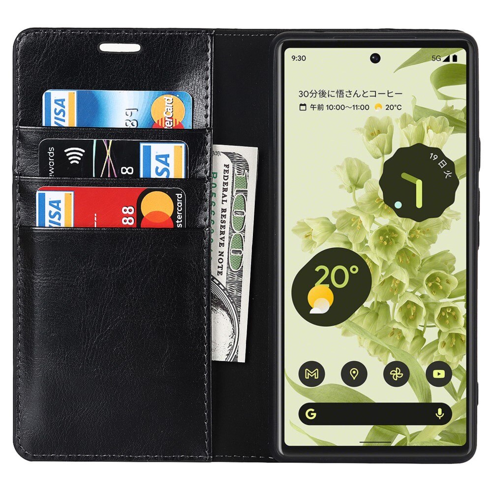 Coque portefeuille en cuir Veritable Google Pixel 6a, Noir