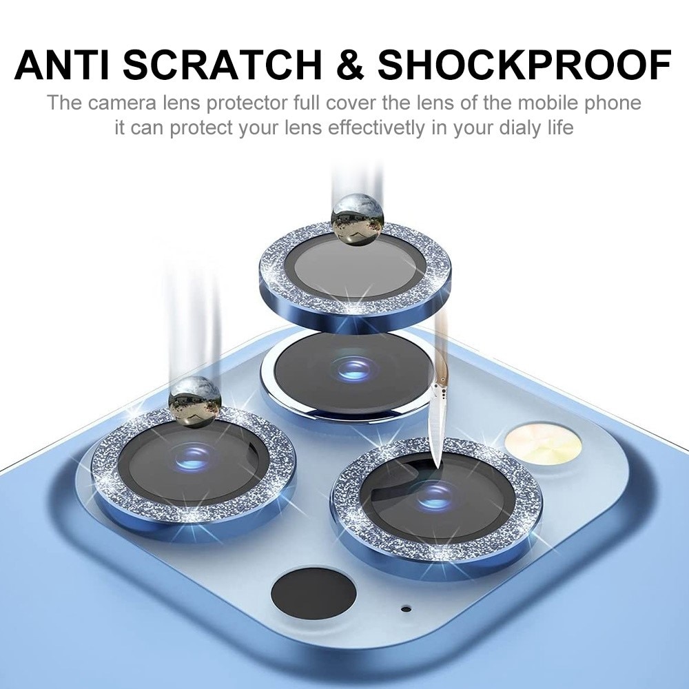 Protecteur d'objectif aluminium scintillant + Verre trempé iPhone 13 Pro, bleu