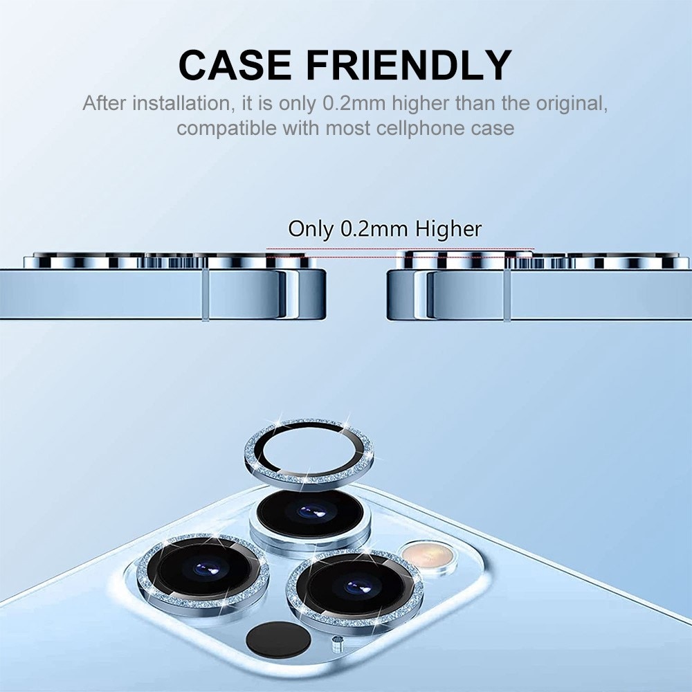 Protecteur d'objectif aluminium scintillant + Verre trempé iPhone 13 Pro, bleu