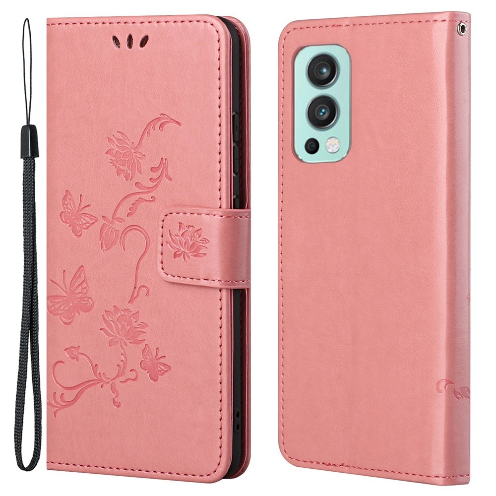 Étui en cuir à papillons pour OnePlus Nord 2 5G, rose