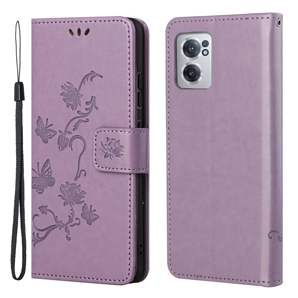 Étui en cuir à papillons pour OnePlus Nord CE 5G, violet