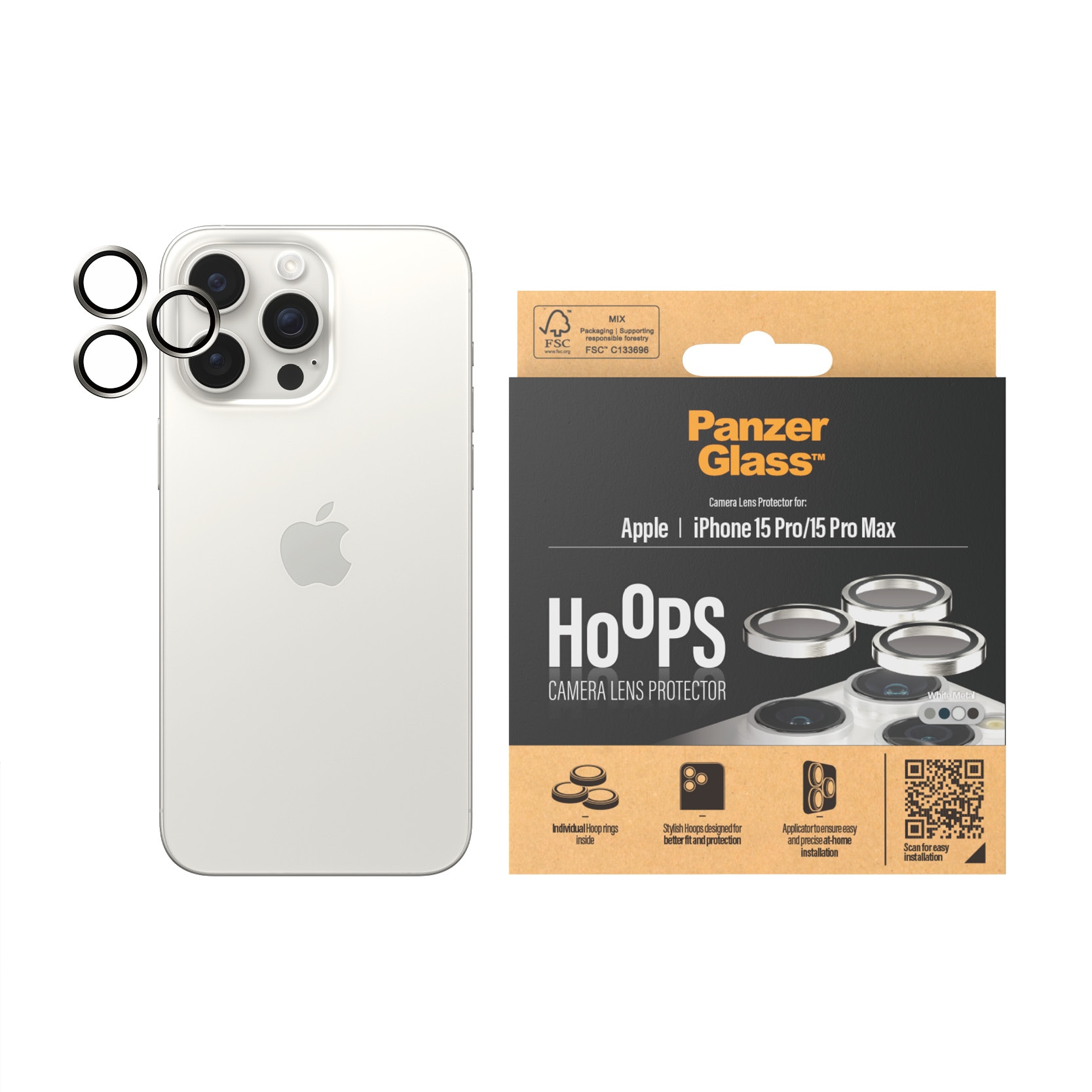 iPhone 15 Pro Max Hoops Camera Lens Protector, White Metal