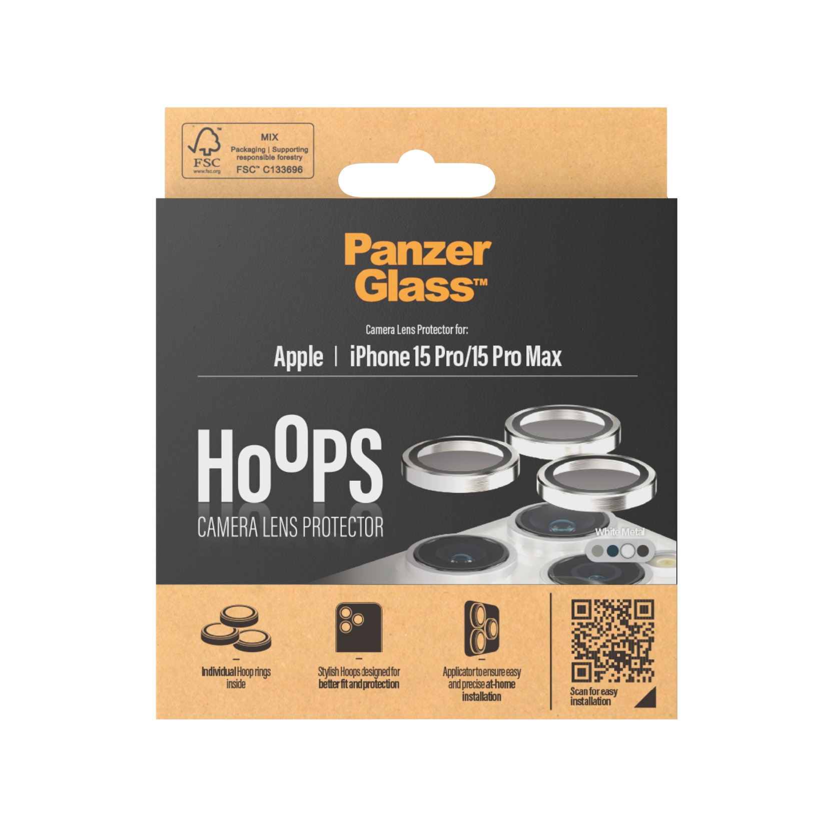 iPhone 15 Pro Max Hoops Camera Lens Protector, White Metal