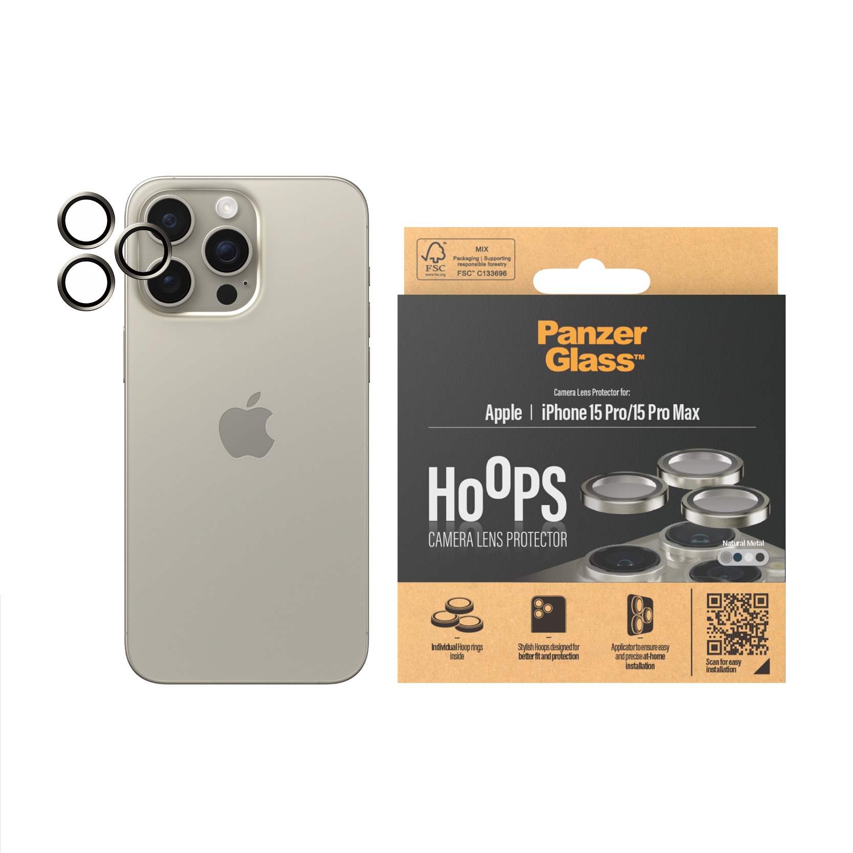 iPhone 15 Pro Max Hoops Camera Lens Protector, Natural Metal