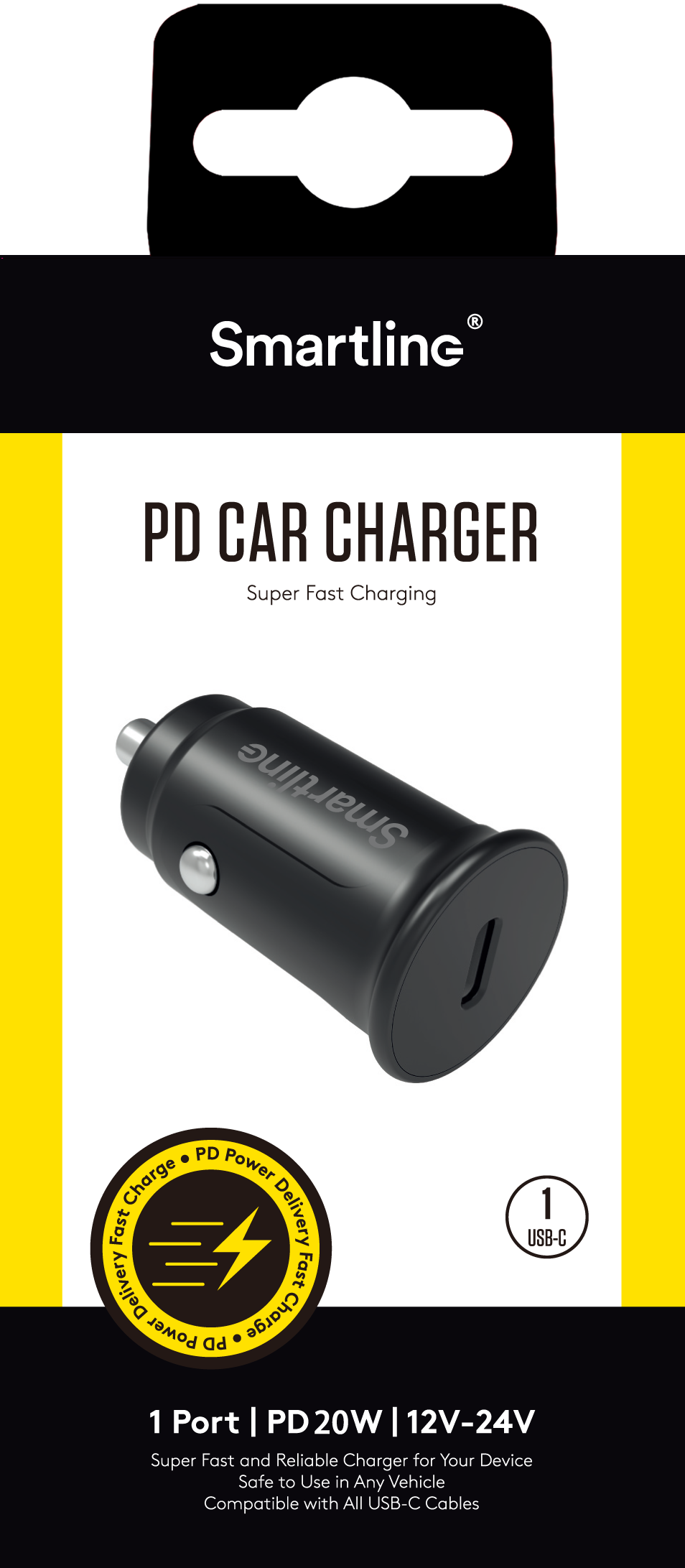 Chargeur de voiture Power Delivery USB-C 20W 12V-24V Noir