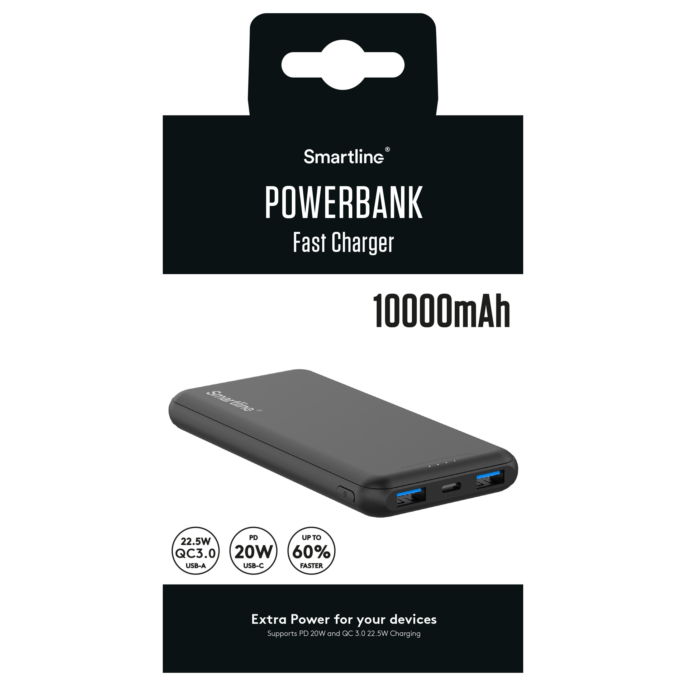 Powerbank 10000 mAh USB-A + USB-C PD, noir