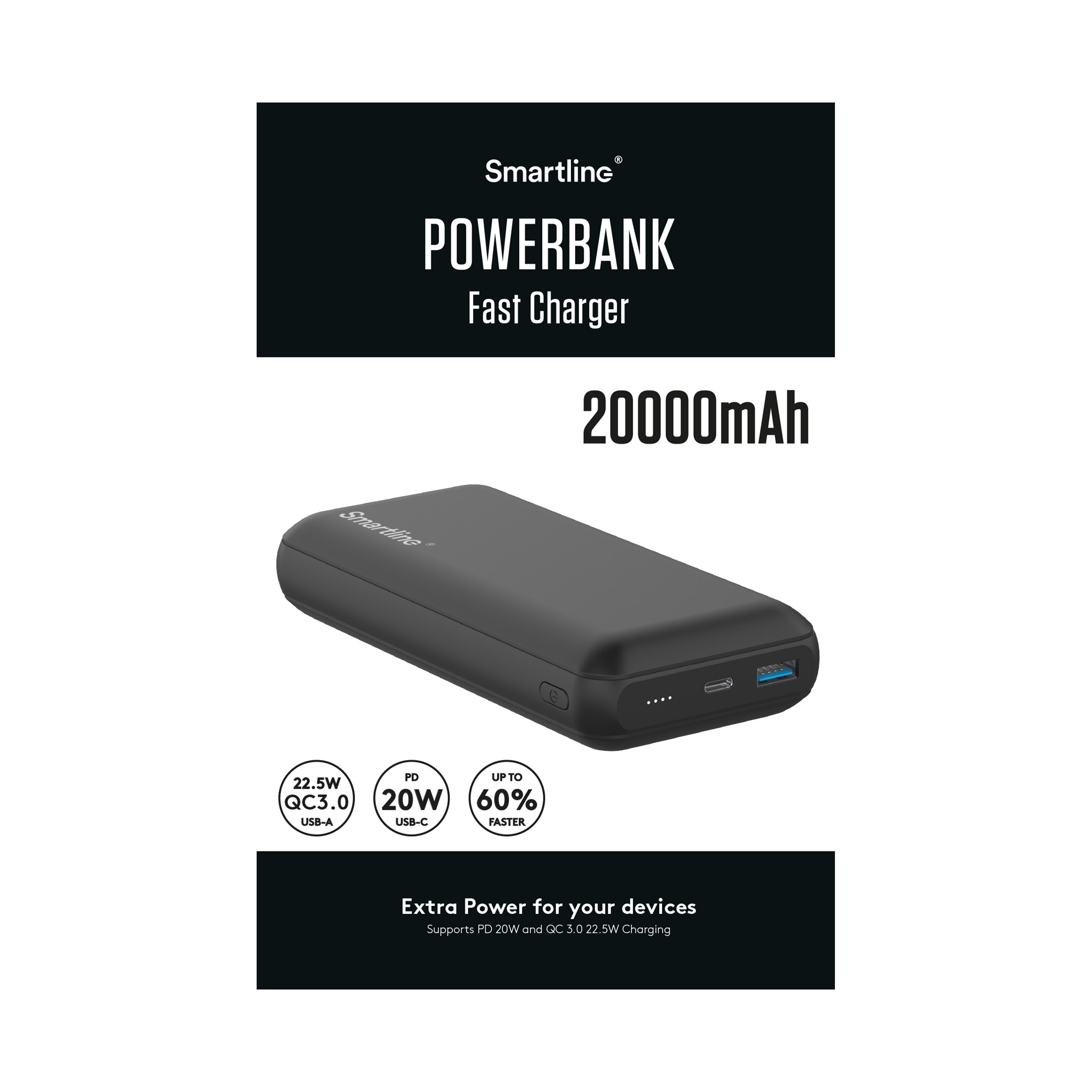 Powerbank 20000 mAh USB-A + USB-C PD, noir