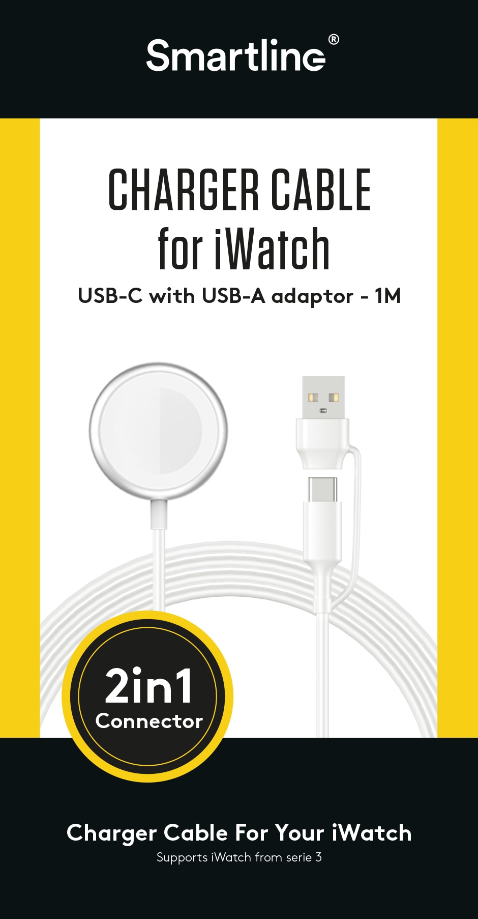 Chargeur Apple Watch USB-C/USB-A 1m 2.5W, blanc