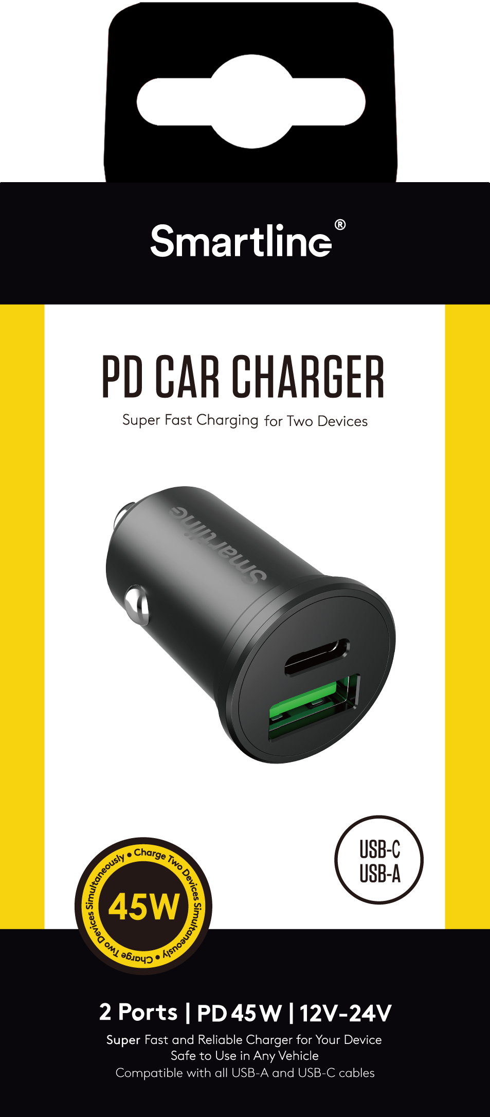 Chargeur de voiture PD Dual USB-C + USB-A 45W 12V-24V, noir