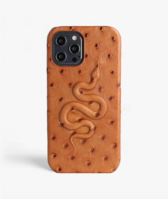 Coque iPhone 12 Pro Max Snake Ostrich Cognac