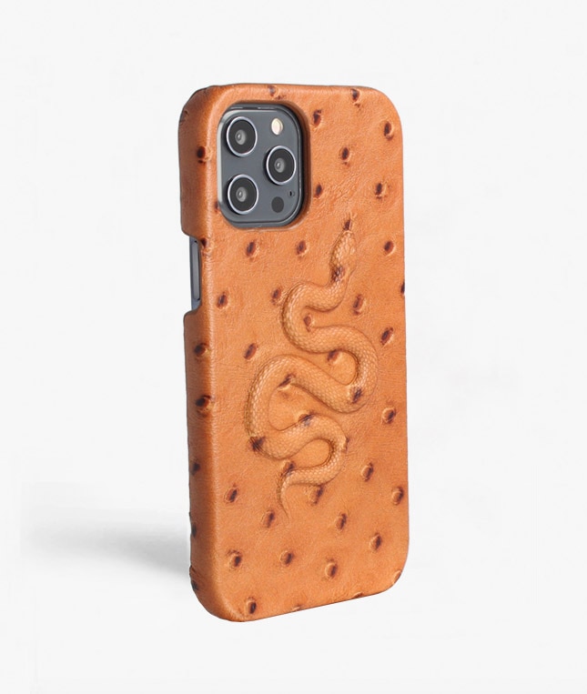Coque iPhone 12 Pro Max Snake Ostrich Cognac