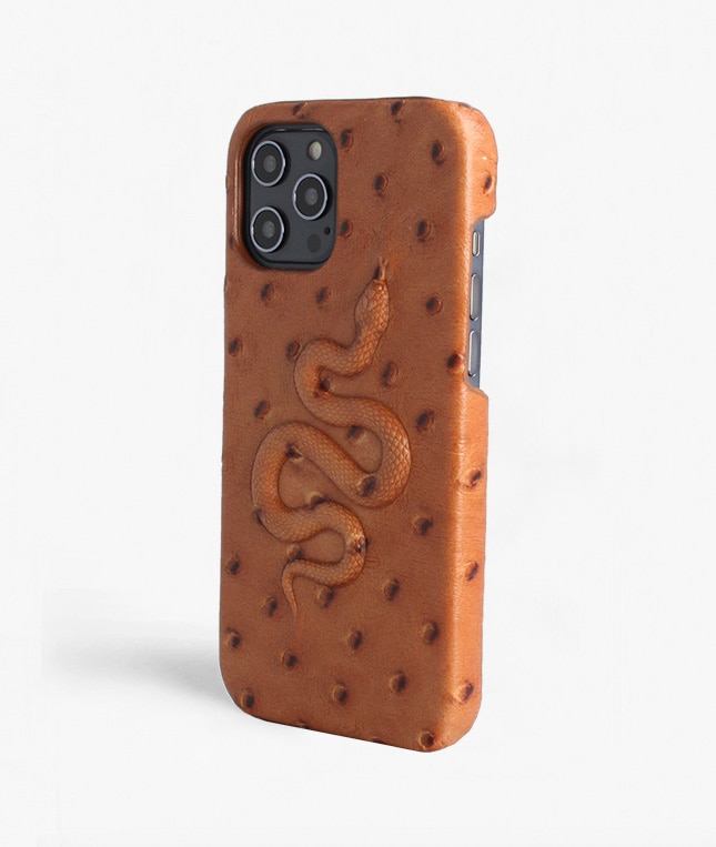 Coque iPhone 12 Pro Max Snake Ostrich Cognac