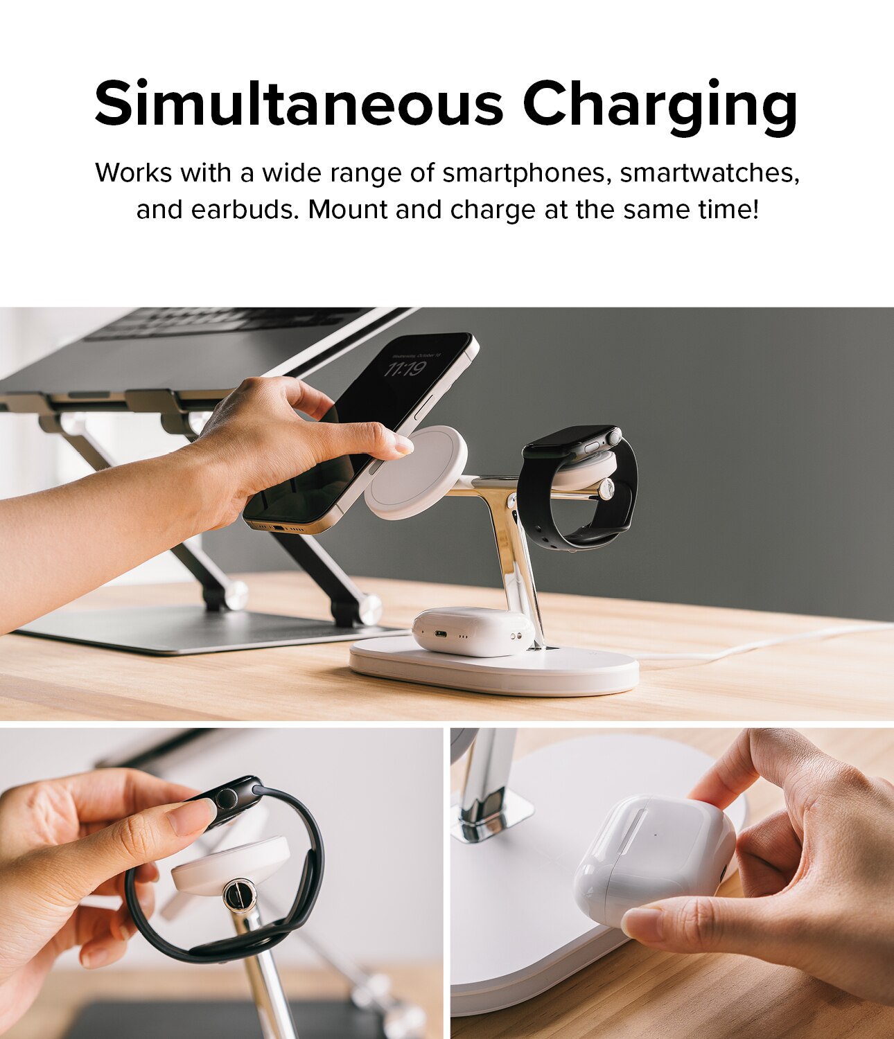 3-in-1 Wireless Charger Stand, blanc