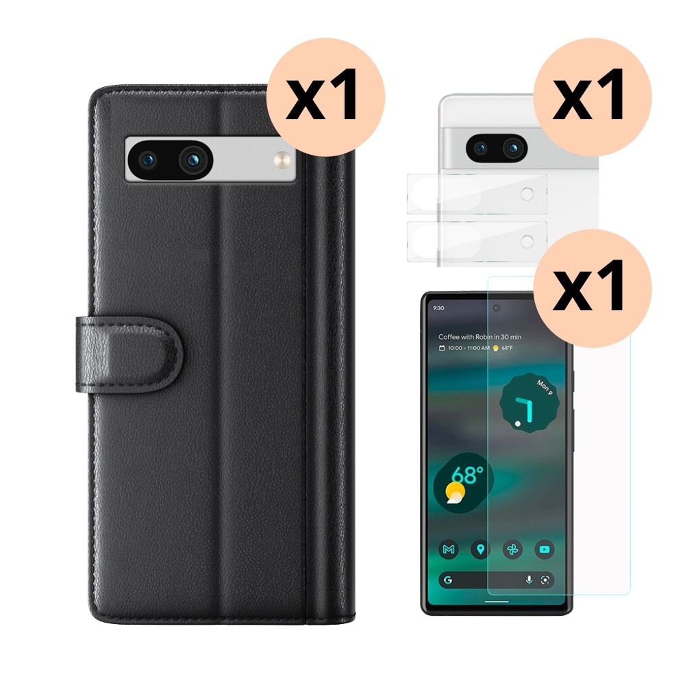 Kit pour Google Pixel 7a : Coque portefeuille, protecteur d’écran et caméra protecteur