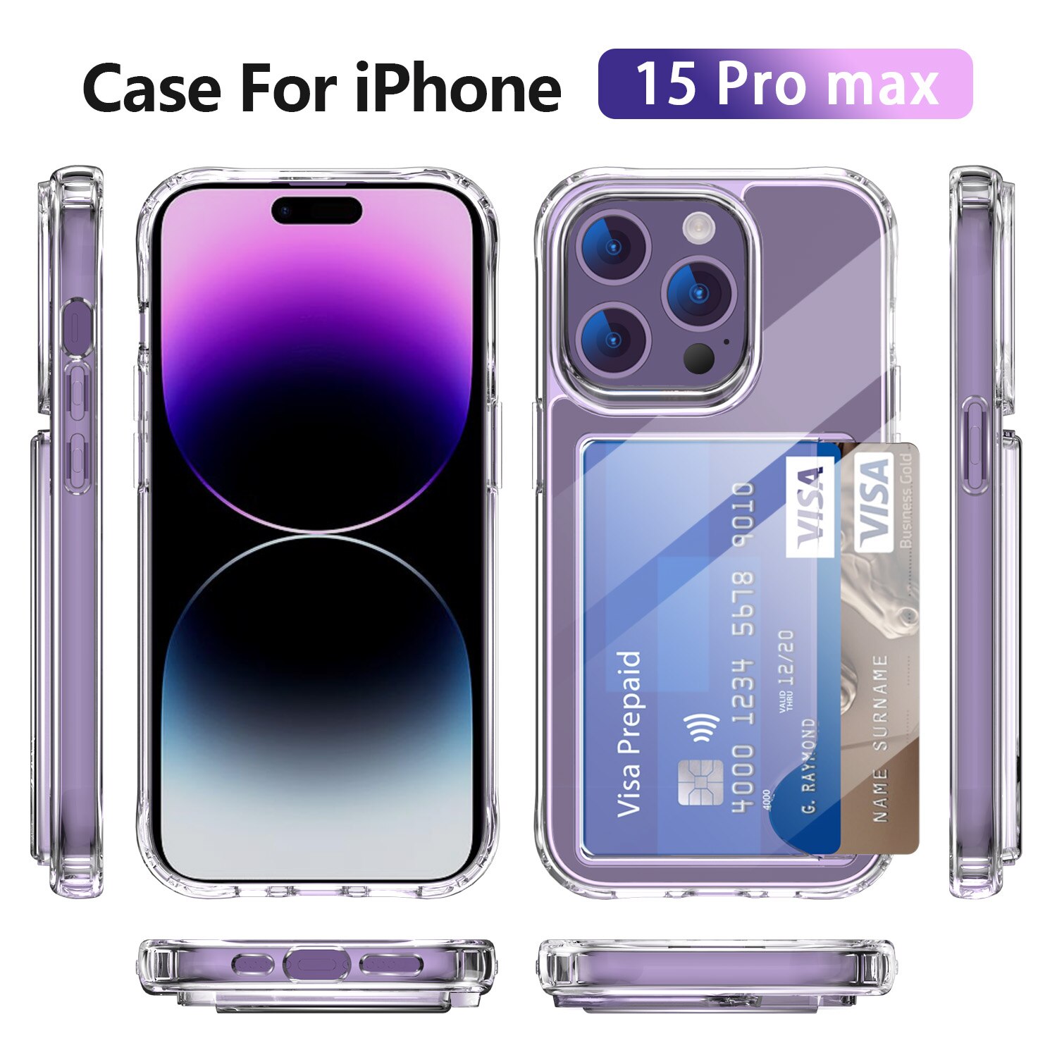 Coque hybride à cartes iPhone 15 Pro Max, transparent