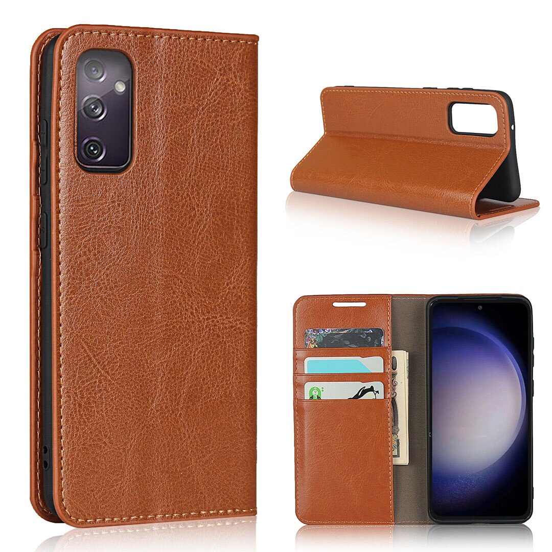 Coque portefeuille en cuir Veritable Samsung Galaxy S23 FE, marron
