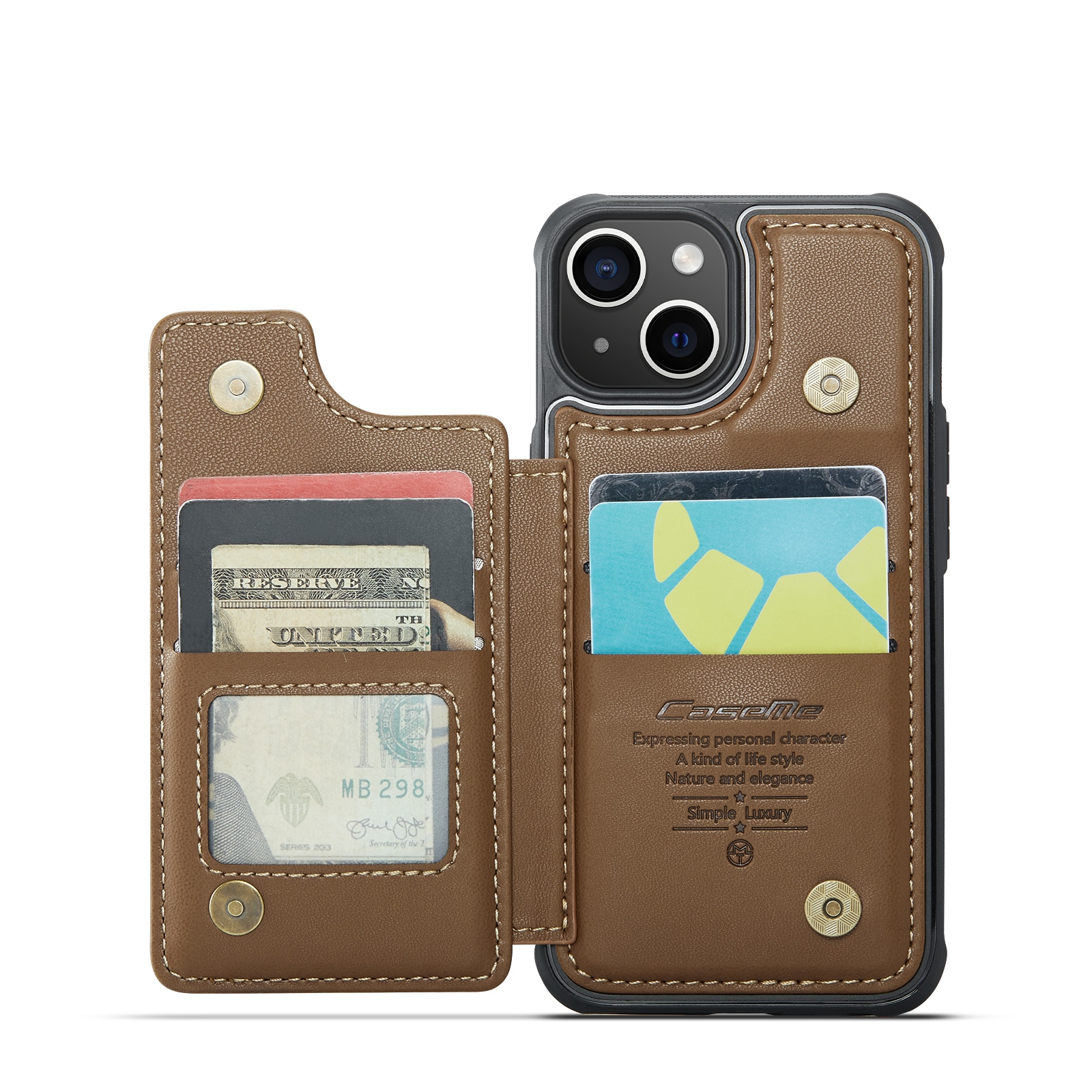 Coque porte-cartes anti-RFID iPhone 15, marron