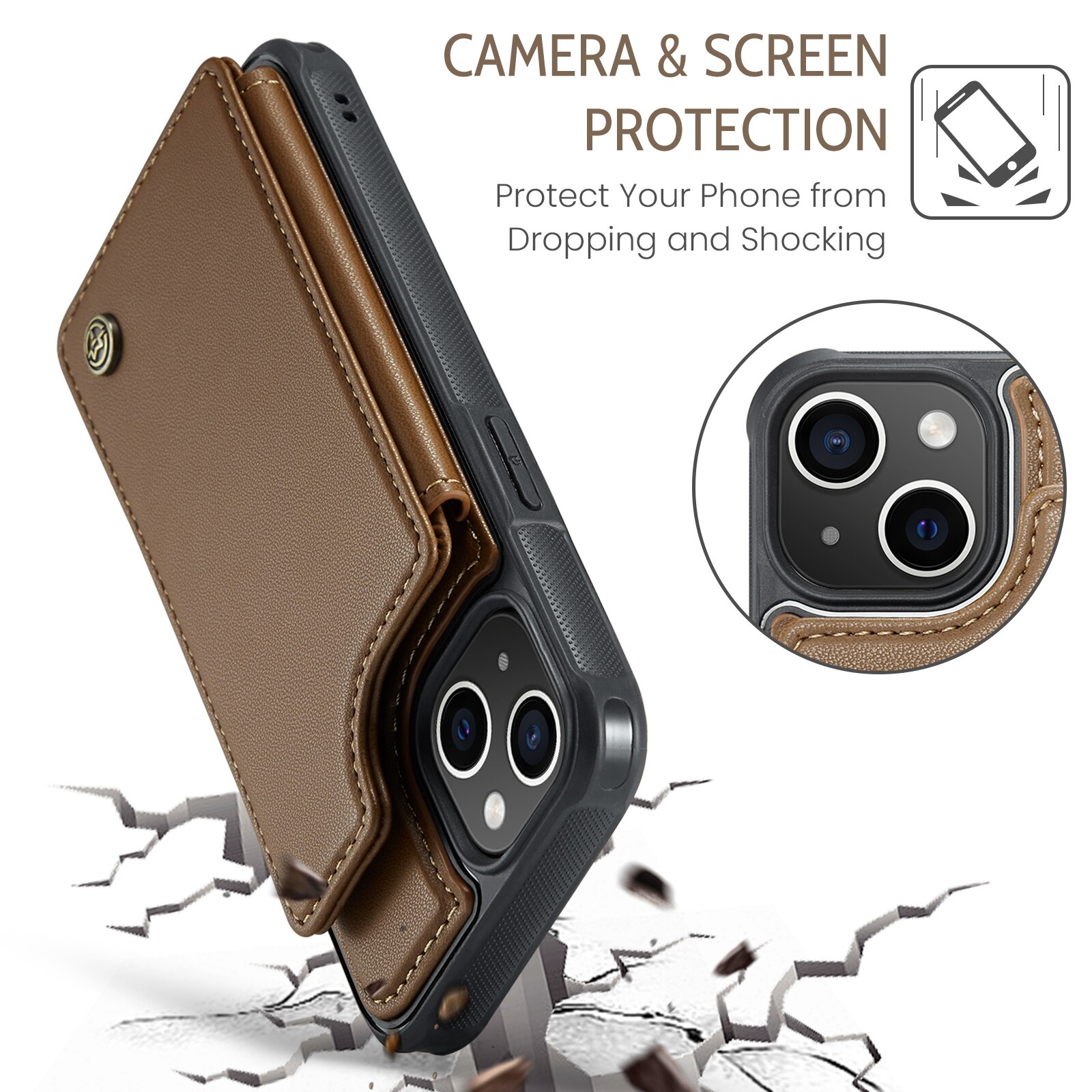 Coque porte-cartes anti-RFID iPhone 15, marron